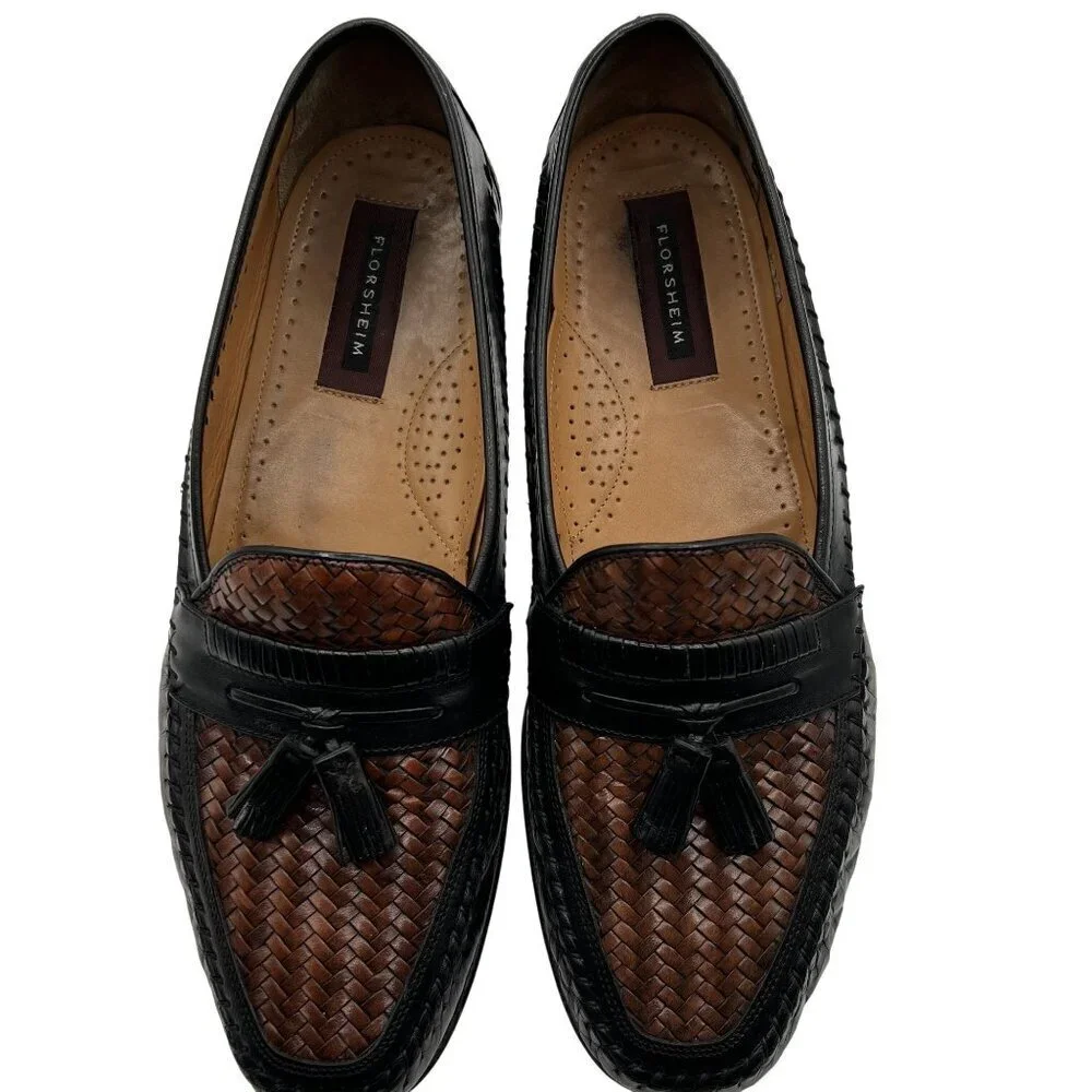 Florsheim Mens 11.5 D Bowman Black Cognac Leather Tassel Weave Loafers Timeless